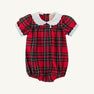 Mary Baker Bubble - Society Prep Plaid with Worth Avenue White bubble romper featuring a white scalloped Peter Pan collar and white cuffs, perfect for Christmas.