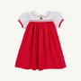 Mary Dal Dress - Richmond Red & Worth Avenue White with Christmas Tree by The Beaufort Bonnet Company: a charming holiday dress for girls featuring short puffed sleeves, a crisp white Peter Pan collar with red trim, and an embroidered green Christmas tree on the chest—perfect for the season.