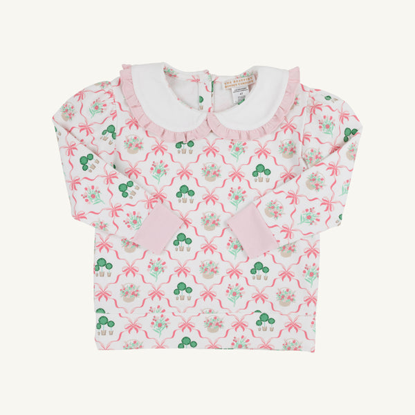 Maude's Ruffle Cassidy Comfy Crewneck - Boxwoods & Bows with Worth Avenue White & Palm Beach Pink