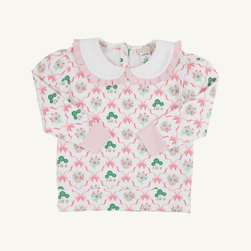 Maude's Ruffle Cassidy Comfy Crewneck - Boxwoods & Bows with Worth Avenue White & Palm Beach Pink