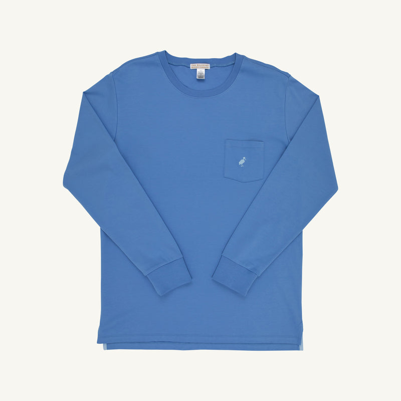 A Men’s Carter Crewneck by The Beaufort Bonnet Company in Barbados Blue, featuring long sleeves, a left chest pocket with a small Beale Street Blue stork embroidery, crafted from soft Pima Cotton Knit and shown on a plain white background.