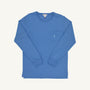 A Men’s Long Sleeve Carter Crewneck by The Beaufort Bonnet Company in Barbados Blue with a Beale Street Blue Stork, featuring a chest pocket with a small embroidered stork logo, is laid flat on a white background.