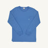 A Men’s Long Sleeve Carter Crewneck by The Beaufort Bonnet Company in Barbados Blue with a Beale Street Blue Stork, featuring a chest pocket with a small embroidered stork logo, is laid flat on a white background.