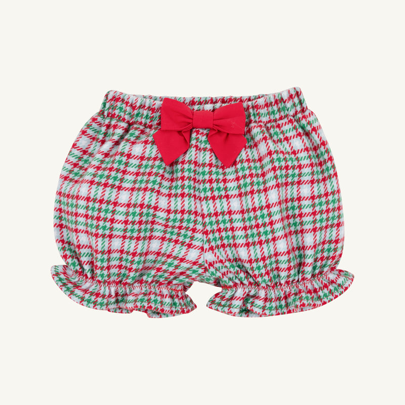 Natalie Knickers - Wicker Park Plaid with Richmond Red by The Beaufort Bonnet Company feature a classic red, green, and white plaid pattern, ruffled leg openings, and a charming red bow at the waistband—perfect for adding festive flair to your little one’s winter wardrobe. Shown against a plain white background.