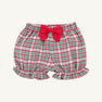Natalie Knickers - Wicker Park Plaid with Richmond Red by The Beaufort Bonnet Company feature a classic red, green, and white plaid pattern, ruffled leg openings, and a charming red bow at the waistband—perfect for adding festive flair to your little one’s winter wardrobe. Shown against a plain white background.