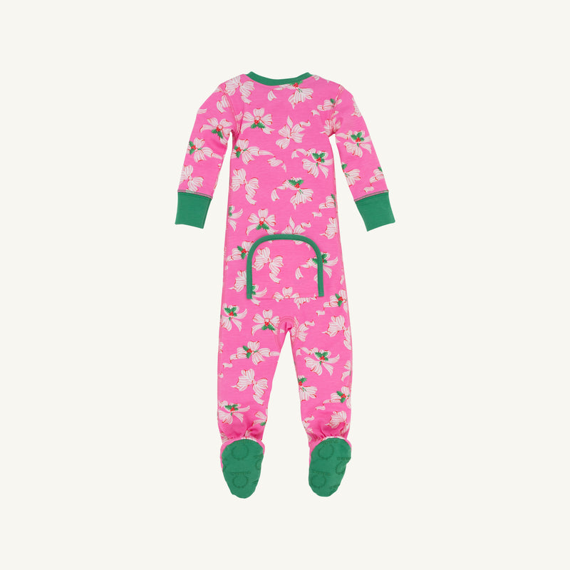 Noelle’s Night Night - Bows of Holly with Kiawah Kelly Green by The Beaufort Bonnet Company: Infant footed holiday pajamas featuring a festive floral pattern, green cuffs, green non-slip foot soles, and a convenient back flap. Made from soft Pima cotton for cozy comfort. Shown on a plain white background.