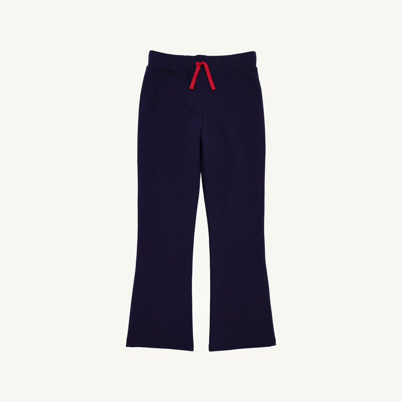 Patty Pants - Nantucket Navy & Richmond Red with Flowers: navy blue bootcut pull-on pants with a red drawstring waist and embroidered flowers.