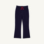 Patty Pants - Nantucket Navy & Richmond Red with Flowers: navy blue bootcut pull-on pants with a red drawstring waist and embroidered flowers.
