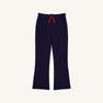 Patty Pants - Nantucket Navy & Richmond Red with Flowers: navy blue bootcut pull-on pants with a red drawstring waist and embroidered flowers.