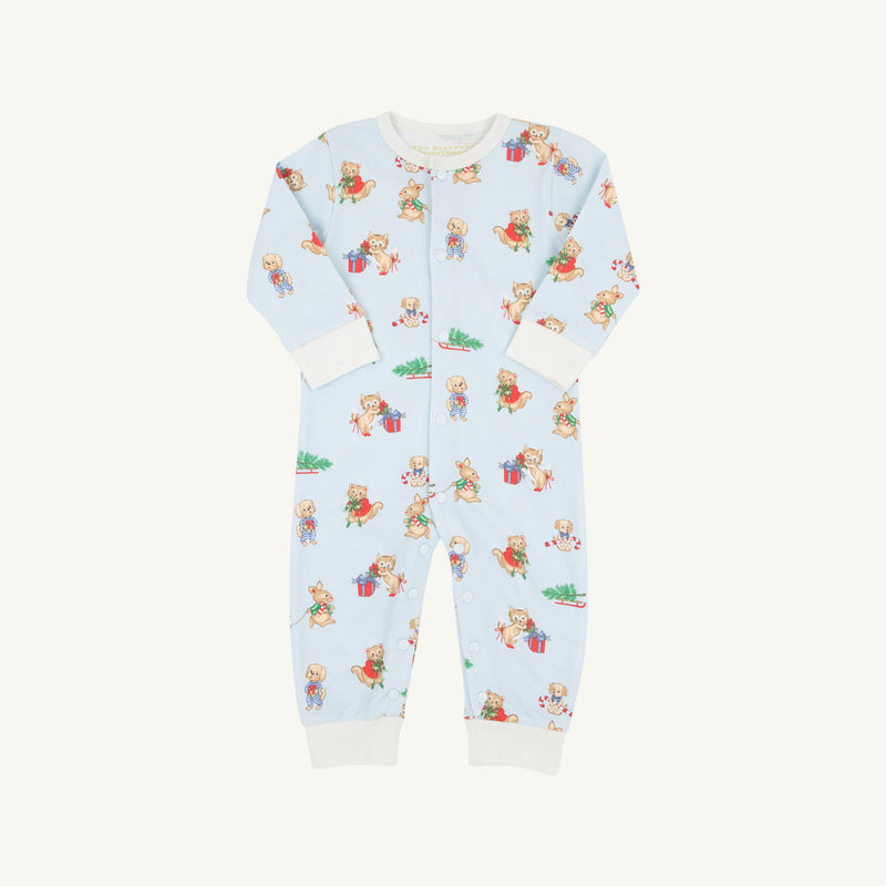 Dress your little one in the Paxton Playsuit - Christmastime Cuties (Blue) with Palmetto Pearl by The Beaufort Bonnet Company. This light blue playsuit features charming holiday motifs of cartoon angels, gifts, and holly leaves, accented with white cuffs. Designed for comfort and style, it has long sleeves, long legs, and convenient front snaps for easy changing.