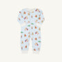 Dress your little one in the Paxton Playsuit - Christmastime Cuties (Blue) with Palmetto Pearl by The Beaufort Bonnet Company. This light blue playsuit features charming holiday motifs of cartoon angels, gifts, and holly leaves, accented with white cuffs. Designed for comfort and style, it has long sleeves, long legs, and convenient front snaps for easy changing.