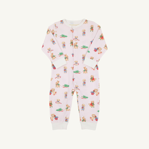 The Beaufort Bonnet Company Paxton Playsuit - Christmastime Cuties (Belwood Blush) with Palmetto Pearl features a baby onesie decorated with colorful cartoon animals and presents, long sleeves, white cuffs, and a front zipper, displayed flat on a plain white background.
