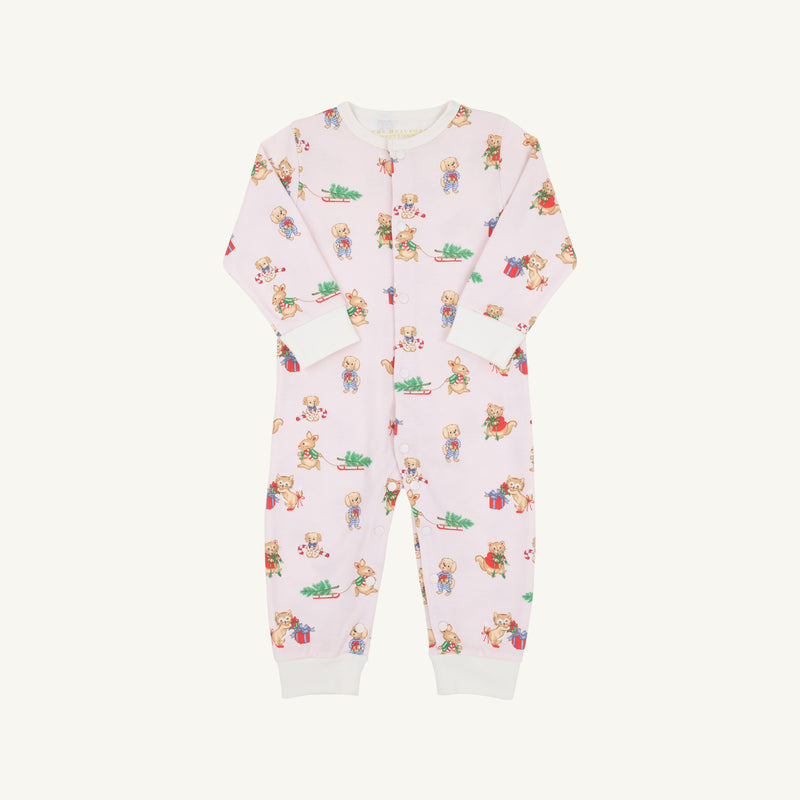The Beaufort Bonnet Company Paxton Playsuit - Christmastime Cuties (Belwood Blush) with Palmetto Pearl features a baby onesie decorated with colorful cartoon animals and presents, long sleeves, white cuffs, and a front zipper, displayed flat on a plain white background.