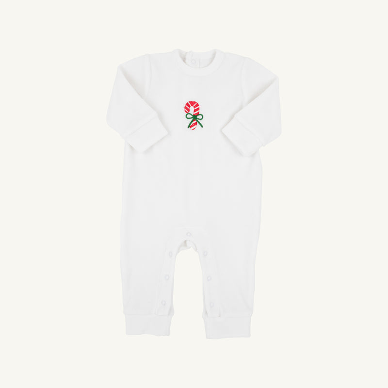 The Beaufort Bonnet Company Paxton Playsuit - Palmetto Pearl with Candy Cane is a white velour knit long-sleeve baby romper featuring convenient leg snaps and an embroidered red and green candy cane motif on the chest, shown against a plain white background. This festive holiday outfit offers both comfort and style for your little one.