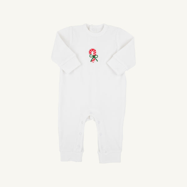 The Beaufort Bonnet Company Paxton Playsuit - Palmetto Pearl with Candy Cane is a white velour knit long-sleeve baby romper featuring convenient leg snaps and an embroidered red and green candy cane motif on the chest, shown against a plain white background. This festive holiday outfit offers both comfort and style for your little one.