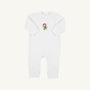 The Beaufort Bonnet Company Paxton Playsuit - Palmetto Pearl with Candy Cane is a white velour knit long-sleeve baby romper featuring convenient leg snaps and an embroidered red and green candy cane motif on the chest, shown against a plain white background. This festive holiday outfit offers both comfort and style for your little one.