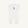 The Beaufort Bonnet Company Paxton Playsuit - Palmetto Pearl with Candy Cane is a white velour knit long-sleeve baby romper featuring convenient leg snaps and an embroidered red and green candy cane motif on the chest, shown against a plain white background. This festive holiday outfit offers both comfort and style for your little one.