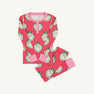 Payton Pajama Set - Distinguished Doggies with Hamptons Hot Pink featuring a long-sleeved shirt and matching pants with a red and pink striped pattern of dogs in decorative green wreaths.