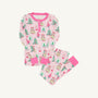 Payton Pajama Set - Christmas Coloring Contest with Winter Park Pink: light pink long-sleeved girls’ pajamas featuring a pattern of snow globes labeled JOY and evergreen trees.