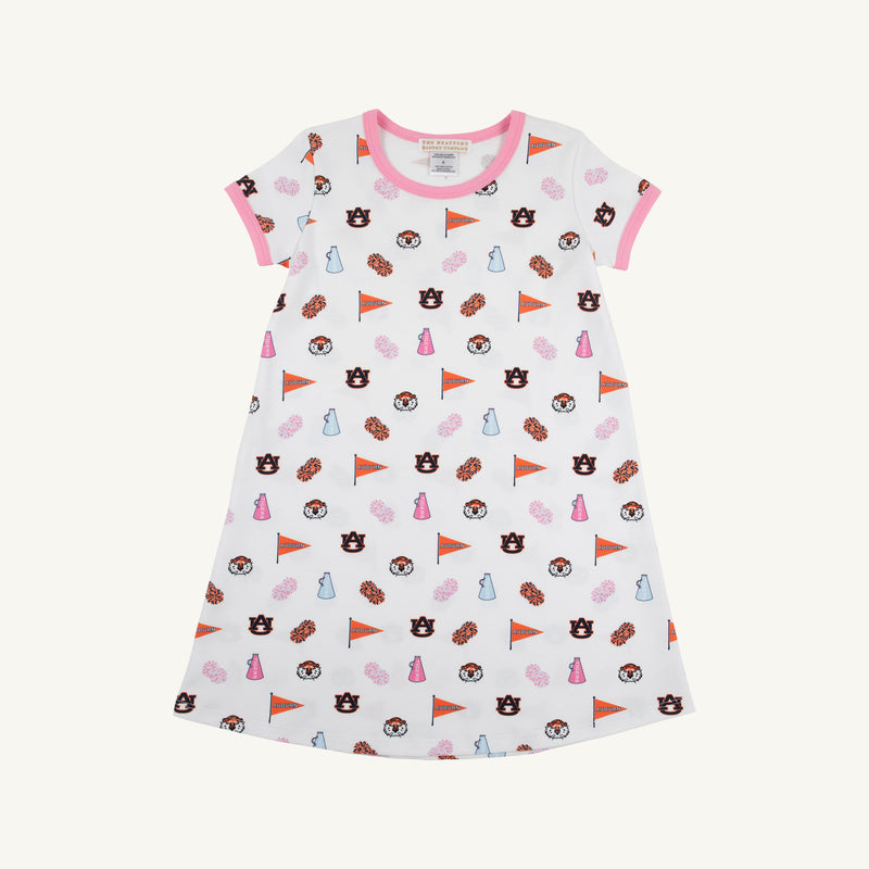 Introducing the Auburn Polly Play Dress - Tiger Thrill with Hamptons Hot Pink by The Beaufort Bonnet Company: a soft Pima cotton, white short-sleeve dress accented with a hot pink collar and cuffs, decorated in an allover pattern of orange, navy, and brown pennants, megaphones, and animal mascots for a playful Tiger-themed look perfect for everyday adventures.