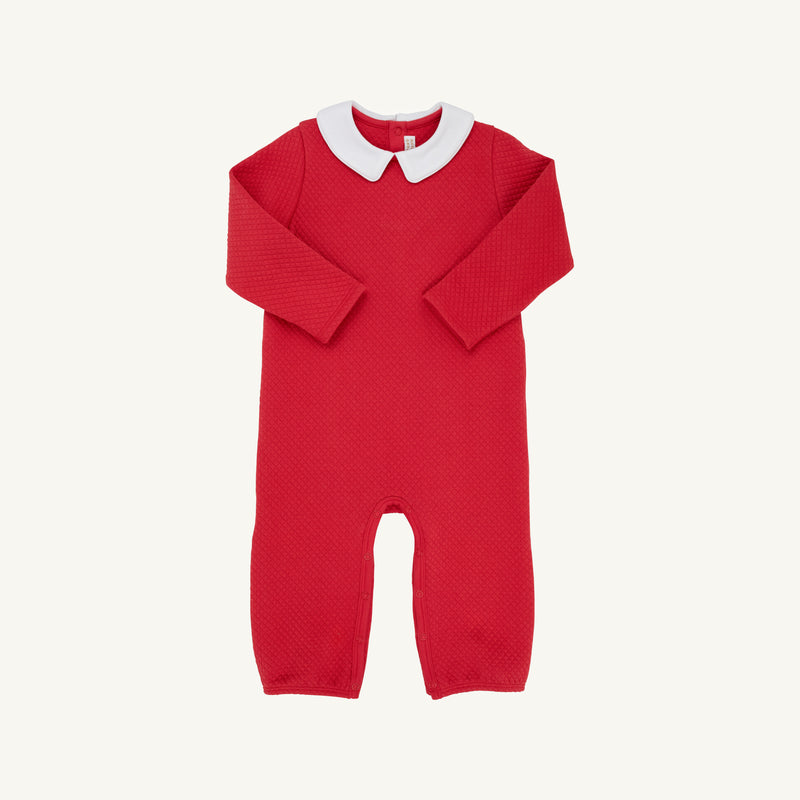 Potter’s Playsuit - Quilted Richmond Red with Worth Avenue White is a red quilted baby romper with a white Peter Pan collar, snap-button leg closures, and long sleeves; a perfect preppy Christmas baby outfit.