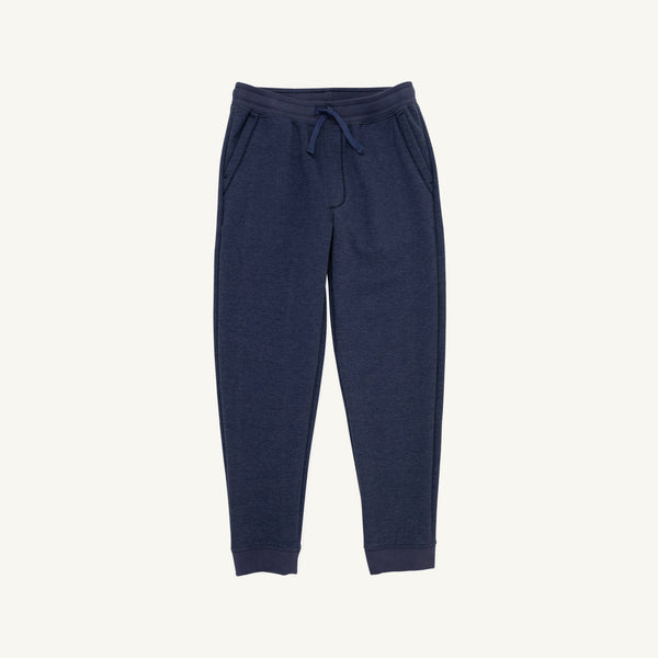Prepletic™ T. Jones Jogger in Nantucket Navy Heathered with Keeneland Khaki Stork by The Beaufort Bonnet Company, featuring an elastic waistband, drawstring, and pockets, displayed on a plain white background.