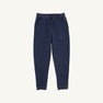 Prepletic™ T. Jones Jogger in Nantucket Navy Heathered with Keeneland Khaki Stork by The Beaufort Bonnet Company, featuring an elastic waistband, drawstring, and pockets, displayed on a plain white background.
