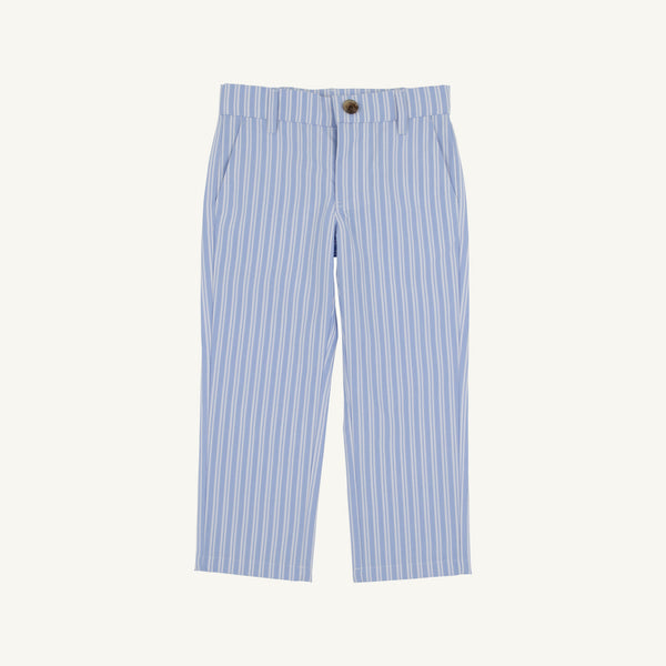 Prep School Pants - Park City Periwinkle Ticking Stripe with Nantucket Navy Stork featuring light blue and white stripes with a single button closure and side pockets.