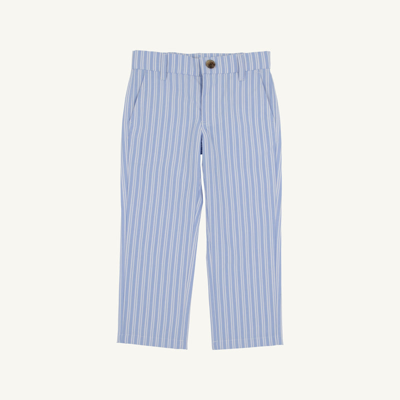 Prep School Pants - Park City Periwinkle Ticking Stripe with Nantucket Navy Stork featuring light blue and white stripes with a single button closure and side pockets.