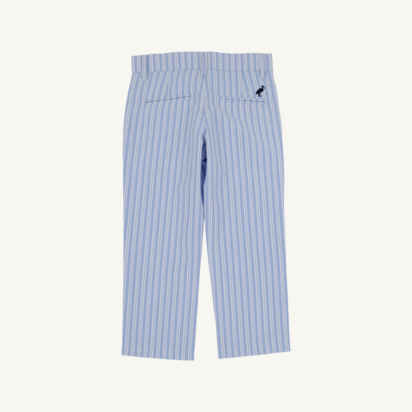 Prep School Pants - Park City Periwinkle Ticking Stripe with Nantucket Navy Stork featuring light blue and white stripes with a small navy blue stork embroidery on the back pocket.