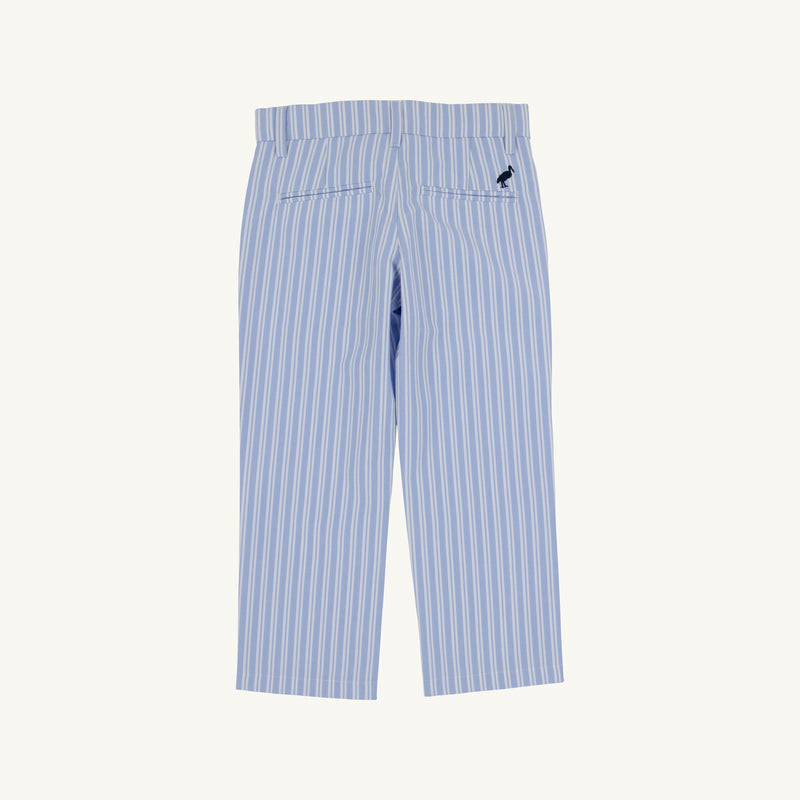 Prep School Pants - Park City Periwinkle Ticking Stripe with Nantucket Navy Stork featuring light blue and white stripes with a small navy blue stork embroidery on the back pocket.