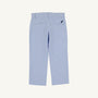 Prep School Pants - Park City Periwinkle Ticking Stripe with Nantucket Navy Stork featuring light blue and white stripes with a small navy blue stork embroidery on the back pocket.
