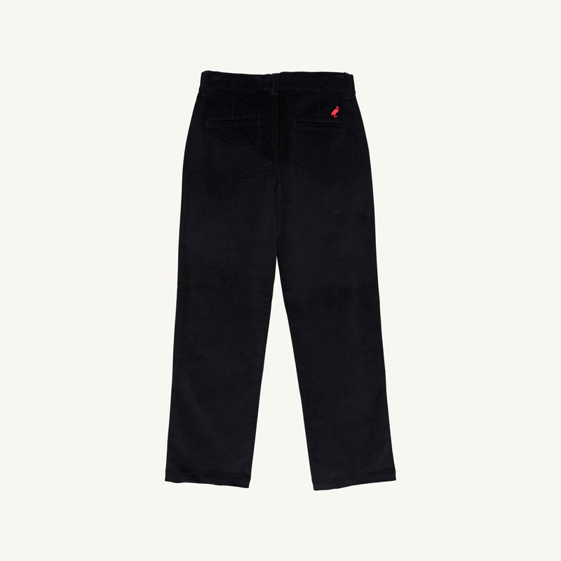 The Beaufort Bonnet Company Prep School Pants in Newport Night Corduroy with a Richmond Red Stork are displayed from the back on a plain white background, highlighting two back pockets and a small red stork embroidered above the right pocket.