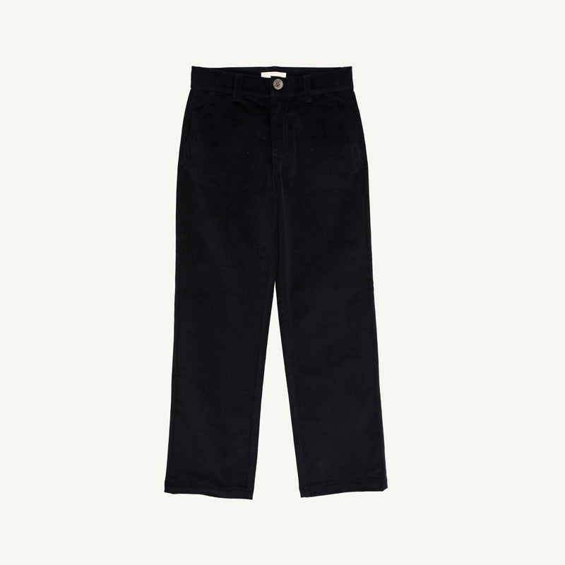 A pair of The Beaufort Bonnet Company Prep School Pants in Newport Night Corduroy with a Richmond Red Stork detail, featuring straight legs and a button closure, is laid flat on a white background—ideal for classic prep school style or festive holiday occasions.