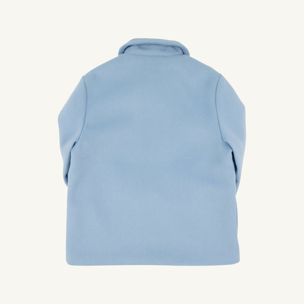 The Price Bell Peacoat in Barrington Blue by The Beaufort Bonnet Company is pictured from the back, showcasing its simple design with a collar and long sleeves against a plain white background. The Barrington Blue hue lends a fresh touch to this cozy outerwear piece.