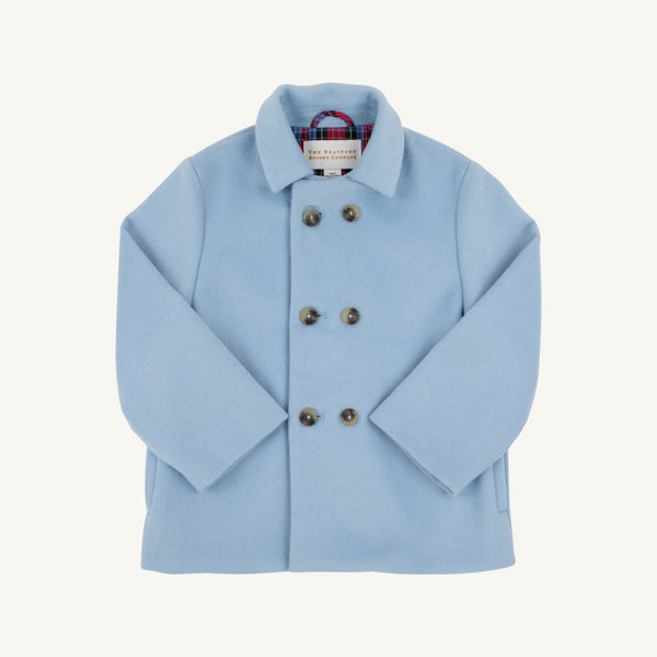 A Price Bell Peacoat in Barrington Blue by The Beaufort Bonnet Company, featuring a double-breasted design with large buttons and a plaid lining visible at the collar, displayed on a white background.