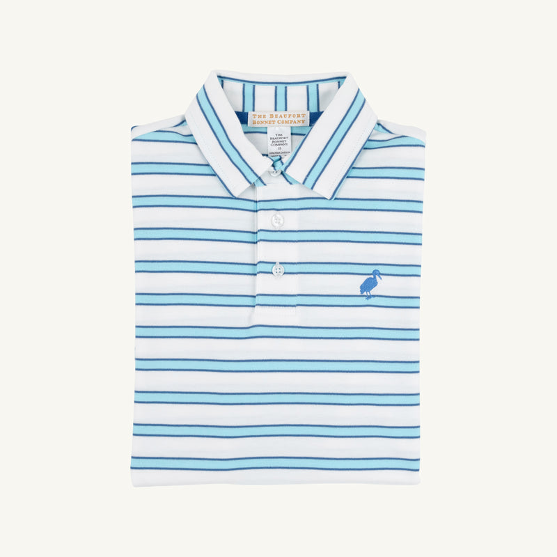 Prim & Proper Polo & Onesie - Worth Avenue White, Belhaven Blue, & Wood Boat Blue Stripe with Wood Boat Blue Stork