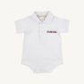 The Florida Prim & Proper Polo – Worth Avenue White by The Beaufort Bonnet Company is a white baby onesie with a collar, short sleeves, and an embroidered blue and orange Florida logo on the left chest. Made from soft Pima Cotton Knit, this onesie features three buttons at the neck and convenient snaps at the bottom.