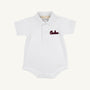 South Carolina Prim & Proper Polo in Worth Avenue White by The Beaufort Bonnet Company—crafted from soft Pima Cotton Knit, this white baby onesie features a collar, buttons, and “Carolina” embroidered in red on the left chest.
