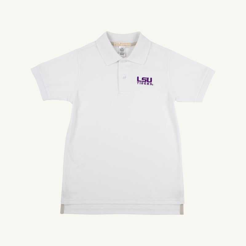 The Beaufort Bonnet Company’s LSU Prim & Proper Polo in Worth Avenue White is a short-sleeve Pima cotton shirt with a classic collar and a subtle purple LSU Tigers logo on the left chest, perfect for game day. The shirt is pictured laid flat on a simple, light background.