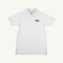 The Beaufort Bonnet Company’s LSU Prim & Proper Polo in Worth Avenue White is a short-sleeve Pima cotton shirt with a classic collar and a subtle purple LSU Tigers logo on the left chest, perfect for game day. The shirt is pictured laid flat on a simple, light background.