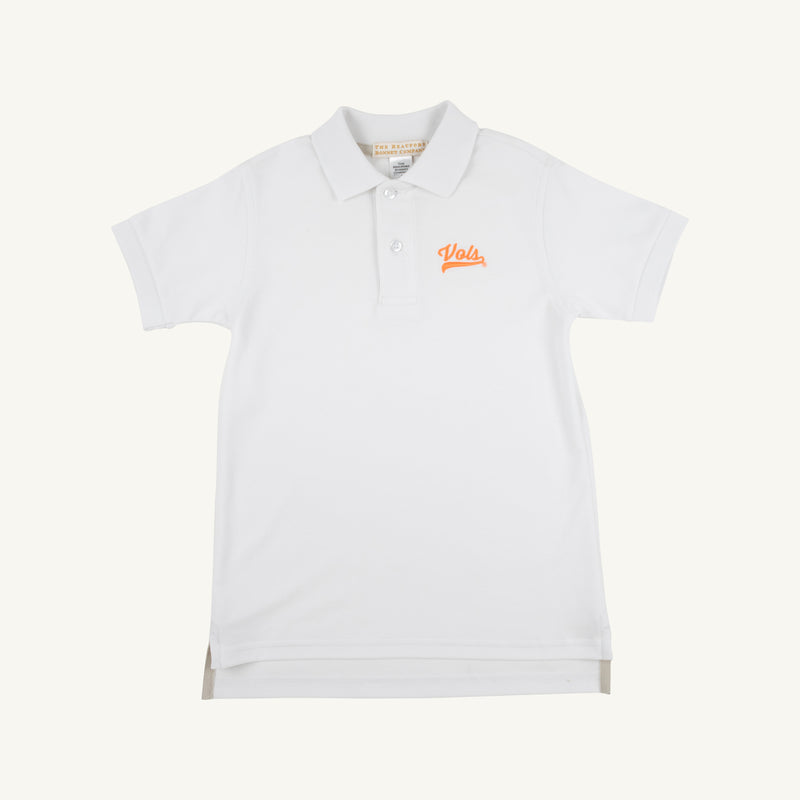 The Beaufort Bonnet Company’s Tennessee Prim & Proper Polo in Worth Avenue White features short sleeves, a classic collar, a button placket, and an orange embroidered Tennessee logo on the left chest. Made from soft Pima Cotton Knit, this polo is displayed laid flat against a plain background.