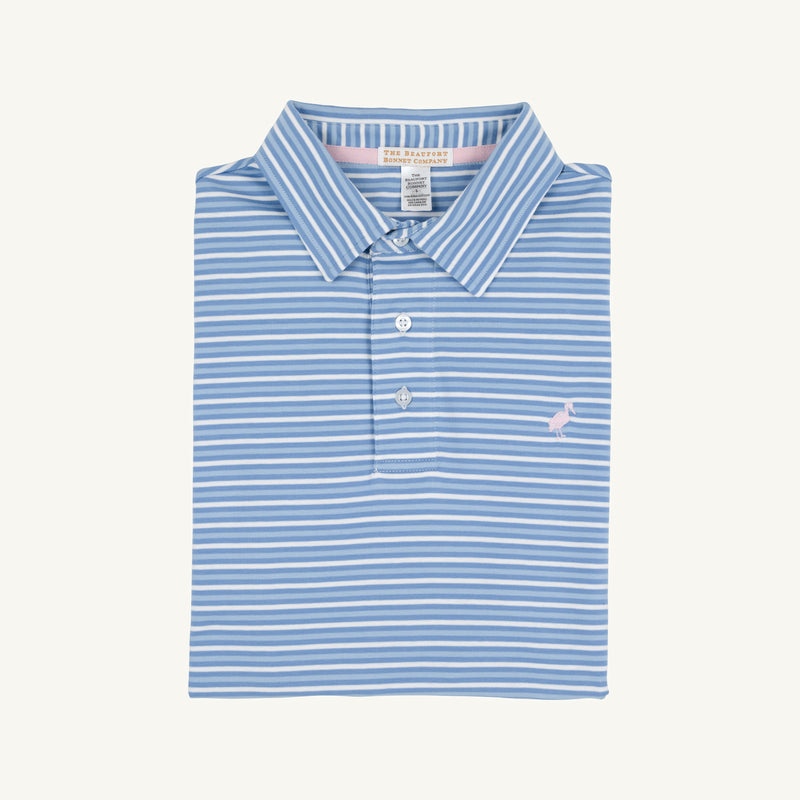 Prim & Proper Polo & Onesie - Sumner County Stripe (Sunrise Blvd. Blue) with Palm Beach Pink Stork