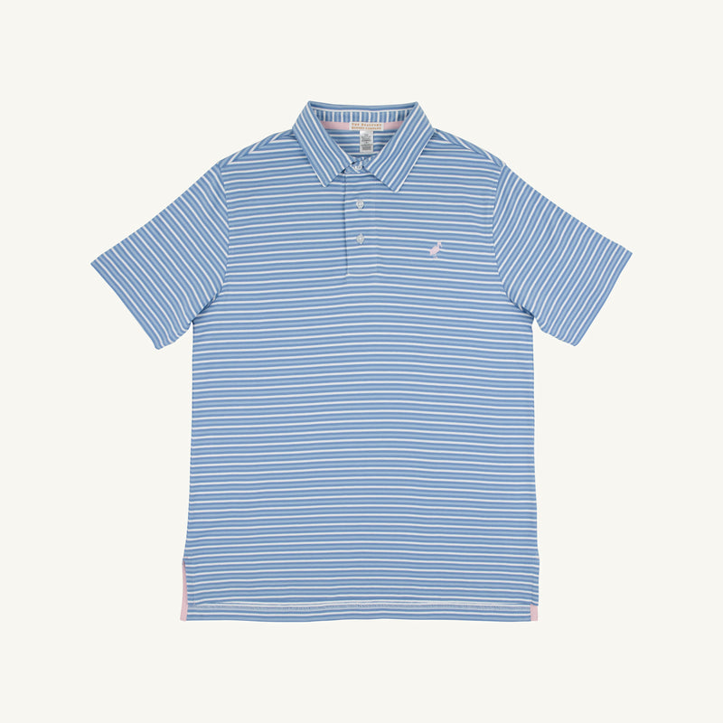 Prim & Proper Polo & Onesie - Sumner County Stripe (Sunrise Blvd. Blue) with Palm Beach Pink Stork