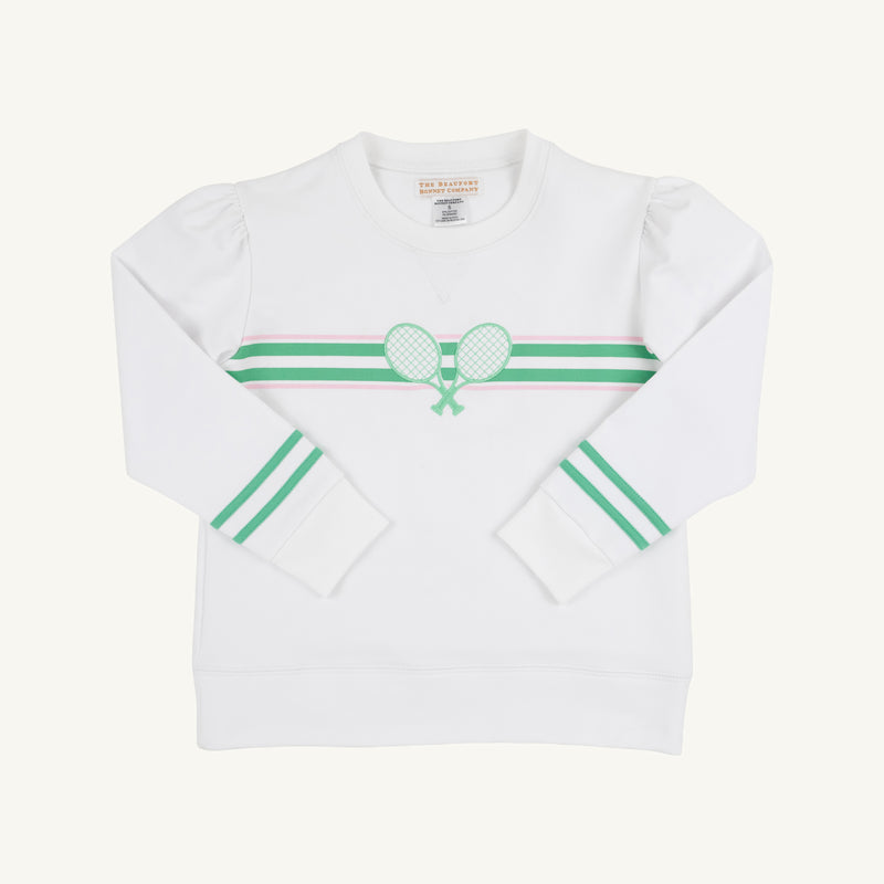 Puff Sleeve Cassidy Comfy Crewneck - Worth Avenue White with Gibson Island Green & Tennis Racquets