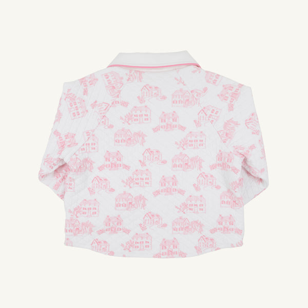 Quilted white Quinn Coat - Quilted Toddington Toile with Worth Avenue White featuring a pink toile pattern of houses and trees, with a white collared neckline.