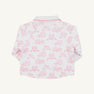 Quilted white Quinn Coat - Quilted Toddington Toile with Worth Avenue White featuring a pink toile pattern of houses and trees, with a white collared neckline.