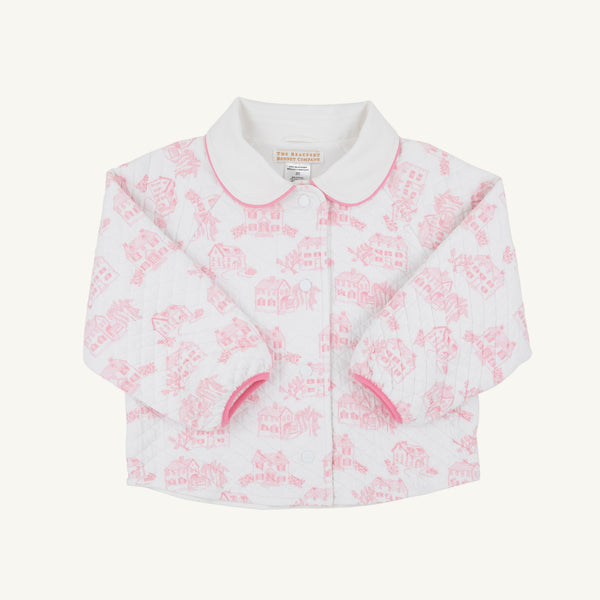 Quinn Coat - Quilted Toddington Toile with Worth Avenue White in a quilted print featuring pink houses, a rounded collar, and pink trim.