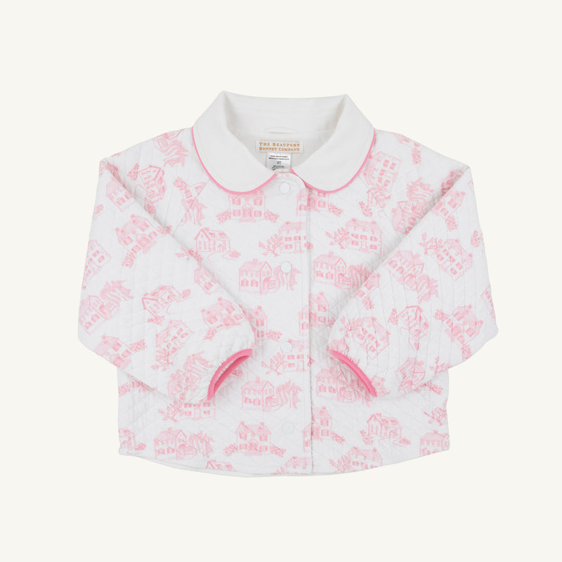 Quinn Coat - Quilted Toddington Toile with Worth Avenue White in a quilted print featuring pink houses, a rounded collar, and pink trim.