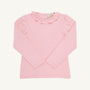 The Beaufort Bonnet Company’s Reece Ruffle Top in Sandpearl Pink is a long-sleeve toddler shirt with a ruffled collar, crafted from soft Pima Cotton and shown flat on a white background—an ideal choice for your autumn wardrobe.